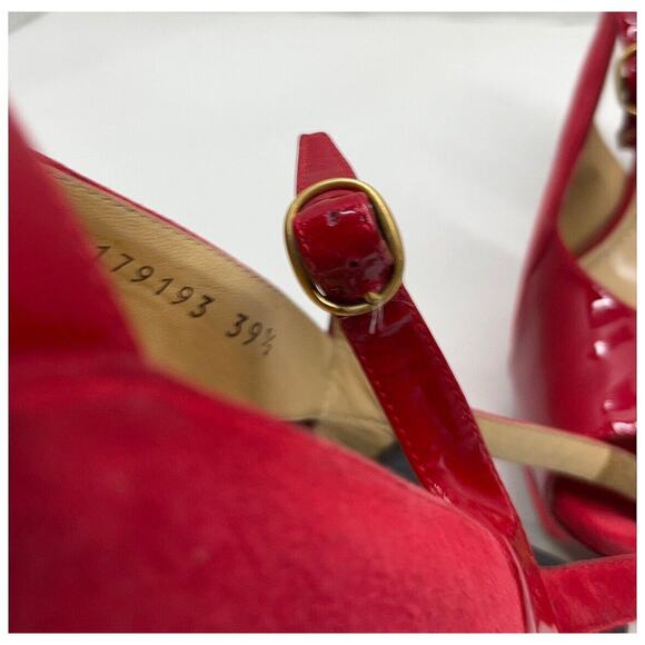 Authentic Yves Saint Laurent Red Platform Slingback Patent Suede Heels Size 39.5 - Picture 3 of 10